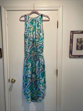 Tolani Multicolor Green Blue Swirl Smock Elasticized High-Low MIDI Dress